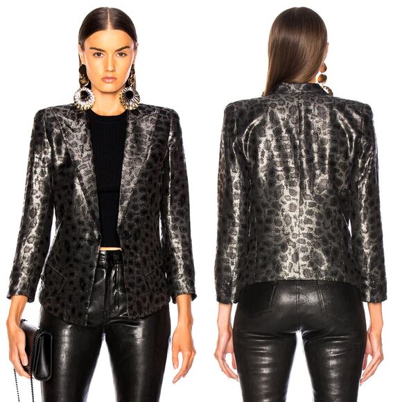 Smythe Film Fest Sharp Shoulder Blazer Metallic Leopard Size 0 Black Grey Chic - Picture 3 of 14